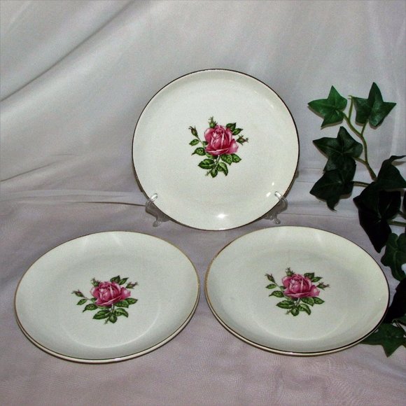 3 Vintage Dominion China ROSE BOWER Bread Cake Plates 22K Gold 74-60 Pink Floral - Picture 1 of 5